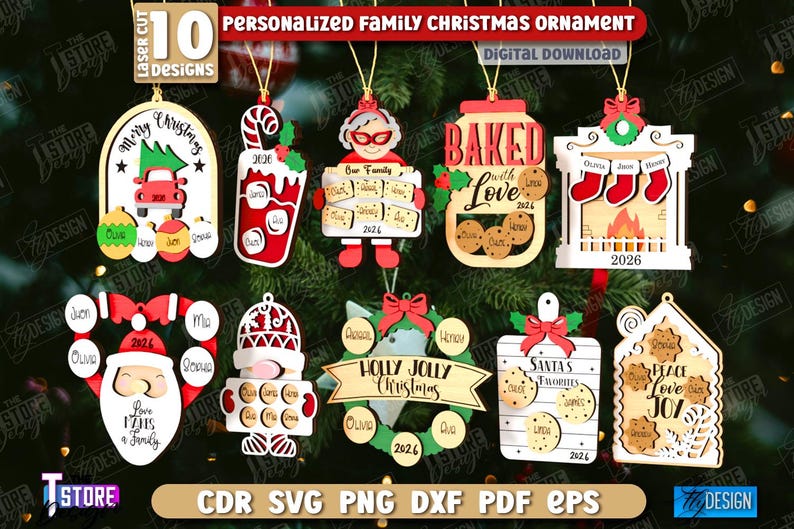 May include: A collection of ten personalized family Christmas ornaments in various designs. Each ornament is laser cut and features festive elements like a car, Santa, cookies, and a fireplace. The ornaments are made of wood and have space for names and the year.