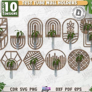 Puede incluir: Diez soportes de pared de madera para tubos de ensayo en varios diseños geométricos, cada uno con una pequeña planta. Los soportes están cortados con láser de madera de 3 mm de espesor. La imagen incluye el texto "Test Tube Wall Holders" y "10 Designs".