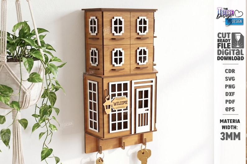 May include: A wooden wall-mounted key holder shaped like a two-story house with white window frames, a door, and a sign reading WELCOME. It features four small drawers on the top level and three hooks at the bottom for keys. Material width: 3mm.