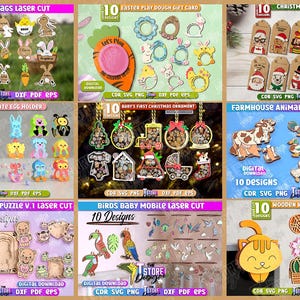 May include: A collection of laser-cut designs, including Easter gift tags, Easter play dough gift cards, Christmas gift tags, chocolate egg holders, farmhouse animal puzzles, counting puzzles, bird mobiles, and wooden webcam covers. Each set features multiple designs, with text indicating the number of designs.