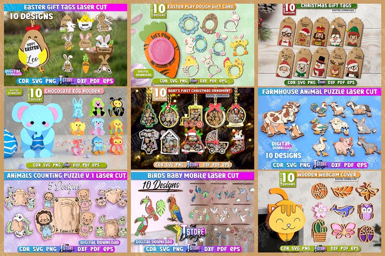 May include: A collection of laser-cut designs, including Easter gift tags, Easter play dough gift cards, Christmas gift tags, chocolate egg holders, farmhouse animal puzzles, counting puzzles, bird mobiles, and wooden webcam covers. Each set features multiple designs, with text indicating the number of designs.