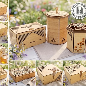 May include: A collection of light-colored wooden boxes featuring laser-cut bee and honeycomb patterns. The set includes rectangular and hexagonal containers with lids, designed for a 3mm material width. Text includes 10 designs, digital download, and file formats like SVG, PNG, and DXF.