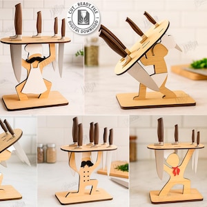 Puede incluir: Soporte de cuchillos de madera con diseño de chef, sosteniendo cuchillos. El soporte tiene un acabado marrón claro y contiene varios cuchillos con mangos marrones. El diseño incluye un gorro de chef, bigote y delantal. También se ve el texto "CUT READY FILE".