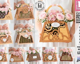 Cesta de flores 3D cortada con láser, soporte para flores para bolso, caja de flores, cajas de regalo, soporte rústico para flores, día de la madre, boda, San Valentín