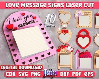Love Message Signs Laser Cut Bundle, Valentines Day Note Pad Laser Cut, Couples Sticky Note Holder Files, Personalized Appreciation Gift