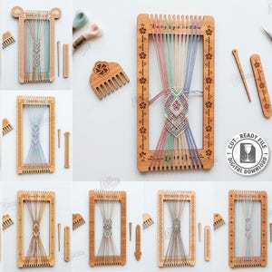 Puede incluir: Una colección de telares de madera con varios diseños y hilos de colores. La imagen también presenta pequeños peines de madera, agujas y el texto "10 Designs" y "Digital Download".