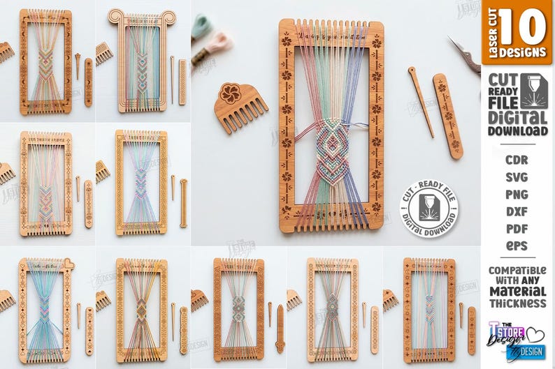Op de afbeelding: Een verzameling houten weefgetouwen met verschillende ontwerpen en gekleurde draden. De afbeelding bevat ook kleine houten kammen, naalden en de tekst "10 Designs" en "Digital Download".