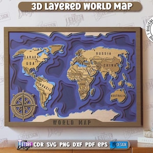 3d layered world map laser cut design, multilayered wall art, 3d map of the world laser cut file, world traveler gift, office world map svg