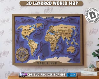 6層3D世界地図、マルチレイヤーパネル、レーザーカットファイル。3D