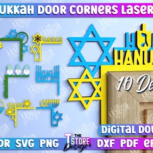 Hanukkah Door Corners Laser Cut Bundle, Hanukkah Door Trim Corner Decor laser files, Hanukkah Door Hanger design, Menorah and Star of David