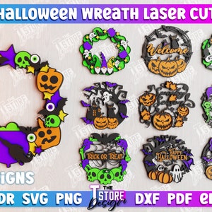 3D Halloween-krans lasergesneden bundel, Happy Halloween-borden svg, 3D Halloween-decoratiekrans, Halloween-krans digitaal snijbestand, kunst aan de muur