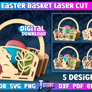 Easter Basket Laser Cut | Easter Gift Basket Laser SVG | Happy Easter Easter Egg Basket Design |  Laser Cut Easter Basket Design | Bunny SVG