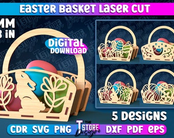 Canasta de Pascua cortada con láser / Canasta de regalo de Pascua SVG con láser / Diseño de canasta de huevos de Pascua / Diseño de canasta de Pascua cortada con láser / Conejito SVG