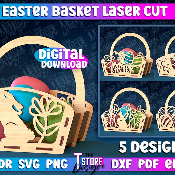 Cesta de Pascua Corte Láser / Cesta de Regalo de Pascua Láser SVG / Feliz Pascua Diseño de Cesta de Huevos de Pascua / Diseño de Cesta de Pascua Cortada con Láser / Conejito SVG