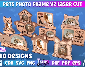 Marcos de fotos para mascotas cortados con láser / Diseño SVG de marcos para perros / Archivos cortados con láser para gatos / Marcos personalizados para mascotas / Archivos CNC v.2