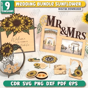 Pode incluir: Um pacote de casamento cortado a laser com desenhos de girassóis. Inclui uma placa de boas-vindas, molduras para fotos e elementos decorativos. O texto "Welcome to the wedding of Nehbes" é visível. O pacote é um download digital.