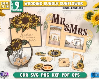 Sonnenblume Hochzeit Dekorationen Laser geschnitten Bundle, Hochzeit Fotorahmen svg, personalisierte Hochzeit Sonnenblume Einladungen Laser geschnitten, Tisch Dekor