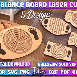 Könnte beinhalten: Fünf lasergeschnittene Balance Board Designs mit verschiedenen Labyrinthmustern. Die Bretter sind aus Holz und haben eine natürliche Oberfläche. Die Designs umfassen einen Kreis, ein Rechteck und eine ovale Form. Der Text "BALANCE BOARD LASER CUT" und "5 Designs" ist im Bild sichtbar.
