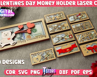 Paquete de porta billetes 3D cortados con láser para San Valentín, porta tarjetas de regalo cortado con láser, porta tarjetas de regalo de San Valentín, archivos de porta billetes 3D cortados con láser