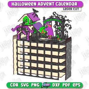 May include: A laser-cut Halloween advent calendar with a spooky theme. The top features a haunted house, witch, and other Halloween decorations. The calendar has multiple compartments for treats or small gifts. The words "Halloween Advent Calendar" are visible.