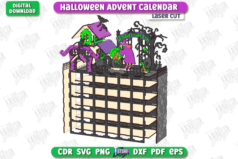 May include: A laser-cut Halloween advent calendar with a spooky theme. The top features a haunted house, witch, and other Halloween decorations. The calendar has multiple compartments for treats or small gifts. The words "Halloween Advent Calendar" are visible.