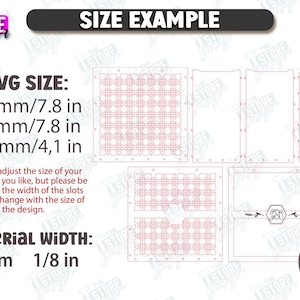 May include: A digital design example with red cut lines. The average size is 7.8 inches by 7.8 inches and 4.1 inches. The material width is 1/8 inch. The image includes the text "SIZE EXAMPLE".