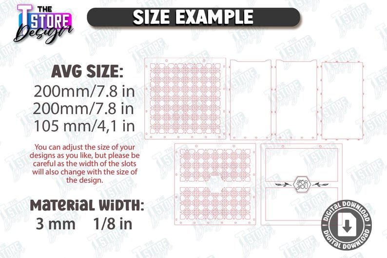 May include: A digital design example with red cut lines. The average size is 7.8 inches by 7.8 inches and 4.1 inches. The material width is 1/8 inch. The image includes the text "SIZE EXAMPLE".