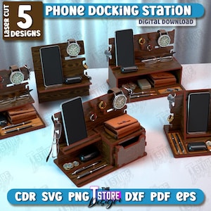 May include: Five laser cut designs for a phone docking station. The designs include a phone holder, watch holder, and compartments for other items. The designs are made of wood and are suitable for laser cutting.