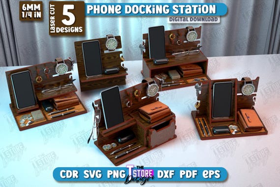 Phone Docking Station Laser Cut Bundle, Wooden Desktop Organizer SVG, Charging Station Laser Cut, Men's Birthday Gift, Fathers Day Gift Idea