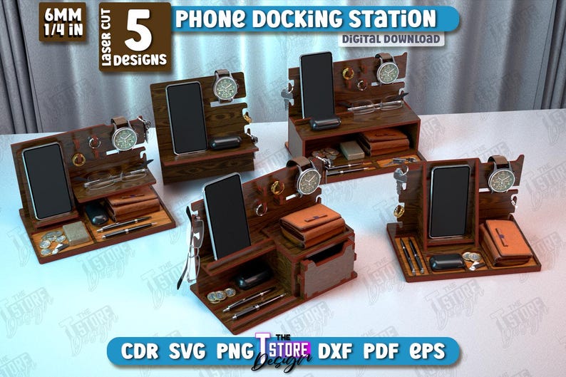 Op de afbeelding: Vijf lasergesneden ontwerpen voor een telefoon docking station. De ontwerpen omvatten een telefoonhouder, een horlogehouder en vakken voor andere items. De ontwerpen zijn gemaakt van hout en zijn geschikt voor lasersnijden.