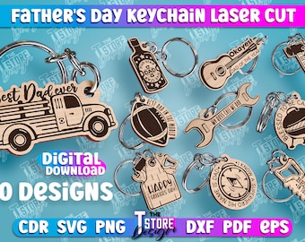 Father's Day Keychain Laser Cut Bundle | Dad Gift Lasercut SVG | Tool Shaped Father's Day Keyrings | Daddy Quotes | Personalized Keychain