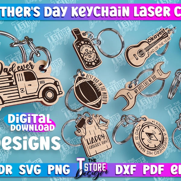 Father's Day Keychain Laser Cut Bundle | Dad Gift Lasercut SVG | Tool Shaped Father's Day Keyrings | Daddy Quotes | Personalized Keychain