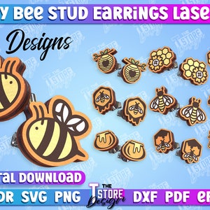 Peut inclure: Dix designs numériques pour boucles d'oreilles en forme d'abeille à découper au laser. Les motifs comprennent des abeilles, des rayons de miel et des fleurs en jaune, marron et noir.