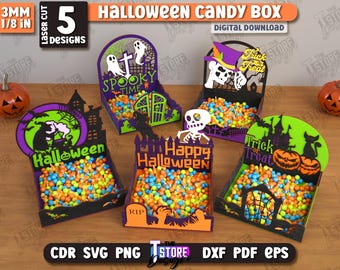 Halloween Süßigkeiten Boxen Laser geschnitten Bundle, Geister Geschenkboxen svg, 3D Box Laserschnitt, Happy Halloween svg, gruseliger Geschenkkorb, Süßes oder Saures svg
