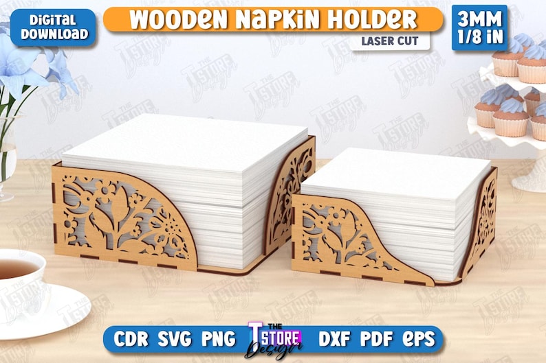 May include: Laser cut wooden napkin holder with a floral design. The holder is 3mm thick and is designed to hold a stack of napkins. The holder is made of wood and has a natural finish.