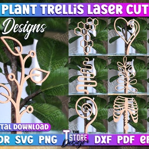 Könnte beinhalten: Zehn digitale Designs für lasergeschnittene Pflanzenspaliere. Die Designs umfassen ein Herz, eine Wabe, eine Spirale, einen Brustkorb, eine Rebe und mehr. Die Designs sind in Schwarzweiß und eignen sich für die Verwendung mit einem Laserschneider.