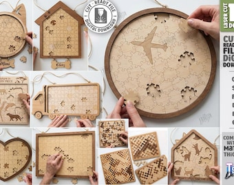 Wooden puzzle sample laser cut bundle, puzzle templates svg, kids laser cut, different shaped puzzle game, animals puzzle, board game svg