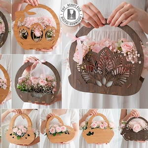 Può includere: Una collezione di modelli di cestini in legno tagliati al laser, ciascuno riempito di rose rosa e gipsofila. I cestini presentano vari motivi decorativi ritagliati. L'immagine include il testo "10 Designs" e "Cut Ready File Digital Download".