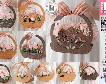 Cesta de flores 3D cortada a laser, suporte para buquê de flores, presente para o Dia das Mães, caixa de flores, caixas de presente, suporte de flores rústico, casamento, amor