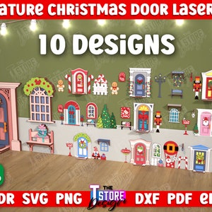 Puede incluir: Diez diseños digitales para puertas de Navidad en miniatura cortadas con láser. Cada puerta tiene un grosor de 3 mm y presenta una variedad de temas festivos, como coronas, bastones de caramelo y Papá Noel. Los diseños están disponibles en los formatos CDR, SVG, PNG, DXF, PDF y EPS.