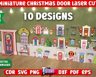 Paquete de puertas navideñas en miniatura cortadas con láser, puerta de elfo navideño 3D SVG, puertas de casa de elfo navideño cortadas con láser, puerta de jardín de hadas cortada con láser