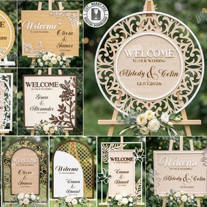 Pode incluir: Uma coleção de placas de casamento de madeira cortadas a laser com detalhes florais. Cada placa exibe "Bem-vindos ao nosso casamento" e nomes e datas personalizados. Os designs incluem formas redondas, quadradas e retangulares, todos em cavaletes.