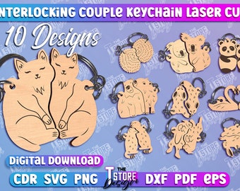Paar Schlüsselanhänger Laser | Holz Paar Schlüsselbund | Passende Schlüsselanhänger Lasercut | Familienpuzzle | Ineinander greifender Schlüsselring | Süße Tiere