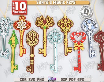 May include: A collection of ten laser-cut Christmas ornaments in the shape of keys. The keys feature various designs, including snowflakes, a Christmas tree, and a heart. The color palette includes red, gold, green, and white.