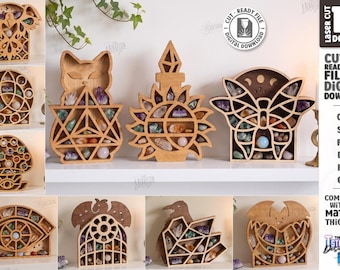 Arquivo de corte a laser para prateleira de cristais - Organizador de armazenamento de cristais - Prateleira para altar de bruxa - Suporte para exibição de pedras preciosas - Decoração espiritual para casa (SVG)