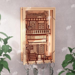3d European alley cafe key holder laser cut, decorative wooden key box, old city key holder, European streets decor, key organizer cabinet