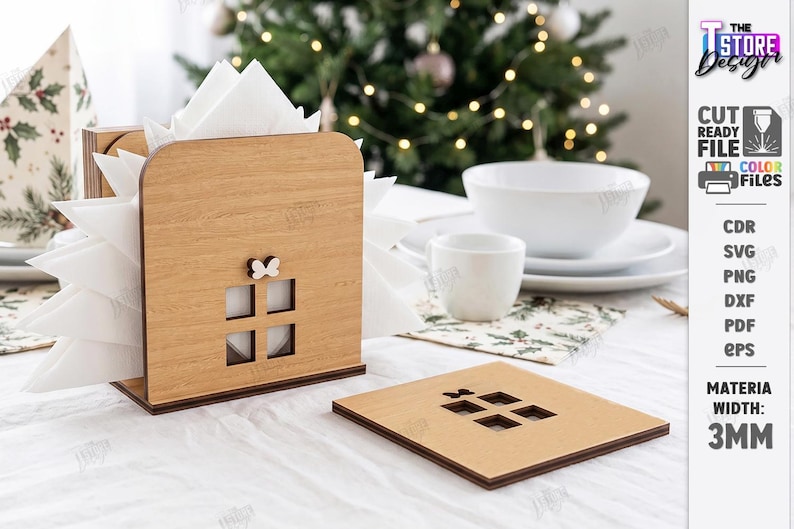 May include: A light brown wooden napkin holder and a matching square coaster, both featuring a cutout window design with a small butterfly accent. The napkin holder contains white paper napkins. The material width is labeled as 3mm.