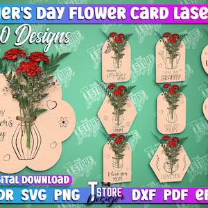 Mutter-Tageskarte-Blumen-Halter-Bundle | Blumenhalter Lasercut | Mom Geschenk aus Holz | Holzkarte SVG | Muttertag Zitate SVG | CNC-Dateien