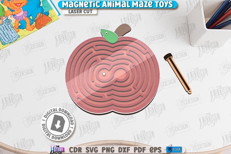 May include: A laser-cut wooden apple-shaped maze toy with a brown stem and green leaf. The maze has a series of concentric circular paths. A wooden stylus is included. The text "MAGNETIC ANIMAL MAZE TOYS" is at the top.