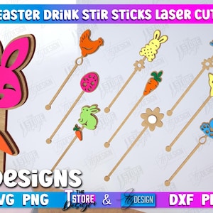 May include: Ten designs for laser cut Easter drink stir sticks. The designs include a bunny, a chick, a carrot, a butterfly, a flower, an egg, and a bunny with a carrot. The designs are in various colors, including pink, yellow, blue, green, and orange.